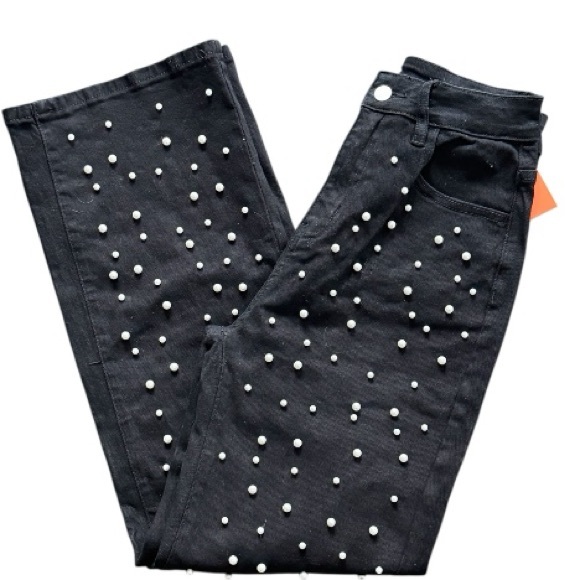 New Collection Black Pearl Embellished Wide Leg Jeans small NWT - Picture 3 of 6